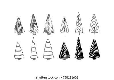 a vector set of doodle fir-trees isolated on white background; sketched Christmas trees; a hand drawn tree icon