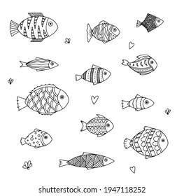 Vector set of doodle fish. Saltwater and freshwater fish. Sea, ocean, lake creatures. Collection of modern coloring illustrations.