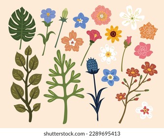 Vector set of doodle floral and leaf elements 