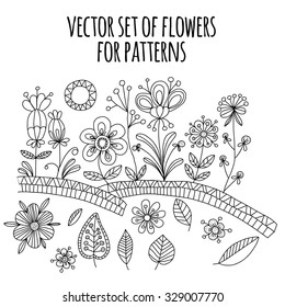 Vector set of doodle flowers. Beautiful bouquet of flowers