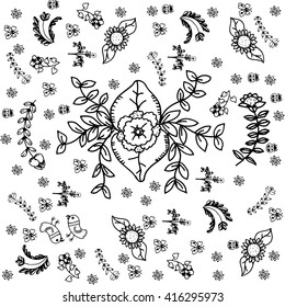 Vector set of doodle flowers with black and white bakcgrounds