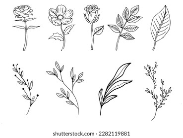 vector set of doodle flowers. A bunch of flowers. Branches, petals, flowering plants, and others. Black and white hand-drawn. A sketch of bouquets, romantic leaves. Isolated on white background.