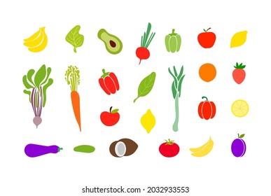 Vector Set of Doodle Fruits and Vegetables Isolated on White Background, Hand Drawn Colorful Illustration, Icons Set, Flat Icons, Berries.