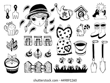 Vector set of doodle garden elements isolated on white background. Hand drawn illustration for gardening, farming. Various equipment and facilities for farming, agriculture. Good for coloring books.