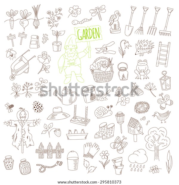 vector set of doodle garden elements isolated on white background. hand ...