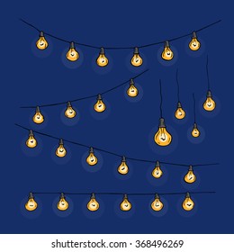 Vector set of doodle garlands on a dark background. Retro lamps.