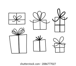 Vector set of doodle gift boxes with ribbon bow isolated on white background.