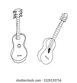 Vector set of doodle guitars. String music instruments line. Continuous line drawing acoustic guitars and classic guitar.
