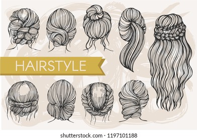 Vector set and doodle hairstyles