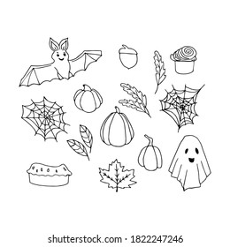 Vector set of doodle halloween elements bat, web, pumpkins, leaves, pie, cake, ghost isolated on white. Hand drawn illustration for card, postcard, poster, banner, festive, autumn, fall