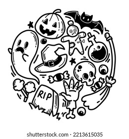 Vector set of doodle halloween elements in the shape of a circle.Can be used as Logo, Brands, Mascots, and Tatto.black and white
