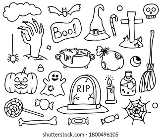 Vector Set of Doodle Halloween Elements.Cute Hand Drawn Objects of Night Party in Sketch style. Isolated on white background.Line and Outline Magic Collection for Web,Design,Graphic.