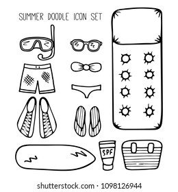 Vector set of doodle hand drawn icons. Beach accessesories and swimsuites.  Cute sketched design for posters, banners, cards, postcards and web-design. EPS 10