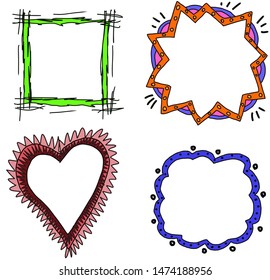 Vector set of doodle hand drawn colourful cartoon frames, heart, restangle, cloud shape