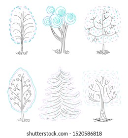 Vector set of doodle hand drawn winter trees, cartoon park collection