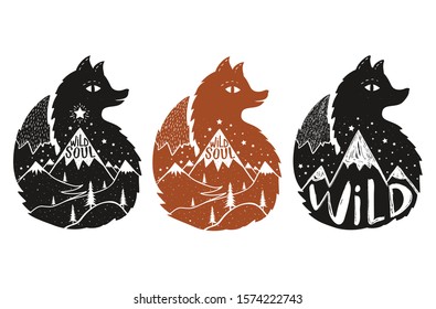 Vector set with doodle hand drawn style foxes, lettering words, mountains, pine trees and stars. Wild Soul text. Typography poster design, apparel print with animal