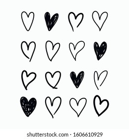 Vector set of doodle hand drawn isolated hearts icons. Design elements