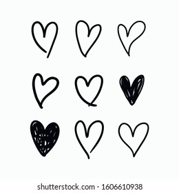 Vector set of doodle hand drawn isolated hearts icons. Design elements