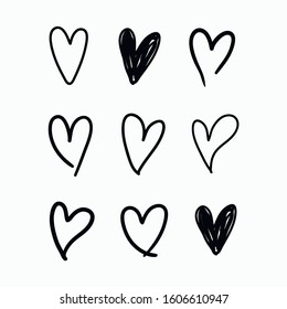 Vector set of doodle hand drawn isolated hearts icons. Design elements