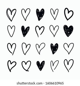 Vector set of doodle hand drawn isolated hearts icons. Design elements