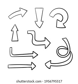 Vector set of doodle hand drawn bold arrows isolated on white background, black outline design elements.