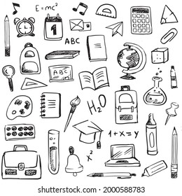 Vector set of doodle hand drawn study supply, objects for learning at school or university