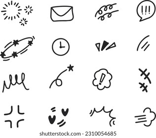 Vector set of doodle hand drawn cartoon expression signs, curve direction arrows, emoticon effect design elements, cartoon character emotion symbols, cute decorative brush strokes lines.