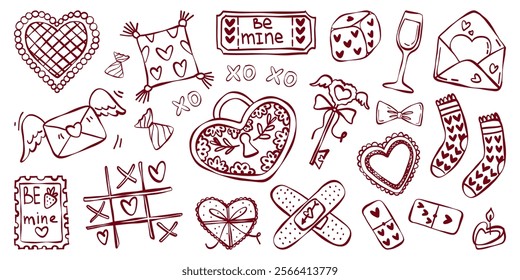 Vector set of doodle hand drawn elements for Valentine's day. Heart, key, letter, vine, candle illustration isolated on a white background.