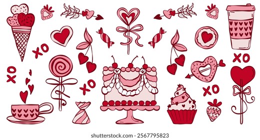 Vector set of doodle hand drawn sweet elements for Valentine's day. Cake, sweets, cherry, hearts, lollipop, ice cream, cupcake isolated on a white background.