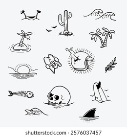 Vector set of doodle hand drawn sea icons 