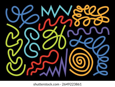 Vector set of doodle hand drawn, different lines in flat style. Rainbow retro collection in geometric abstract elements. Curve, ellipse, zigzag. Cartoon children's illustrations. Symbol, design.