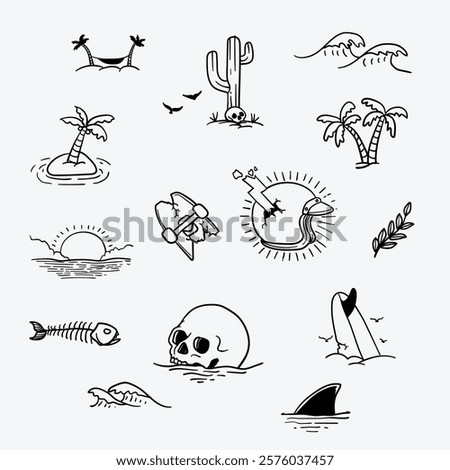 Vector set of doodle hand drawn sea icons 
