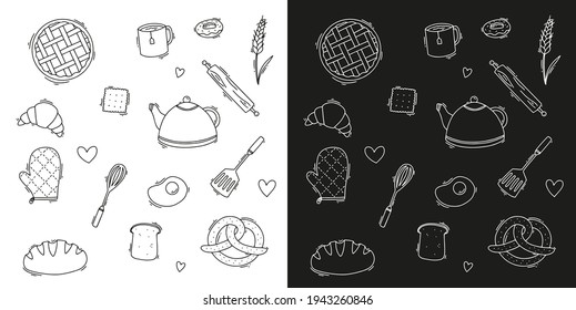 Vector set of doodle hand-drawn cooking elements. Glove, bread, tea, pie, cookie, bread, mixer, love. Collection of modern line elements.