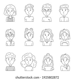 Vector set of doodle hand-drawn portraits. Collection on simple outline avatars.