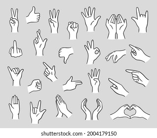 Vector set of doodle hands. Hand-drawn, doodle elements isolated on grey background.