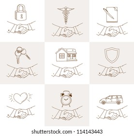 Vector set of doodle Handshake insurance icons