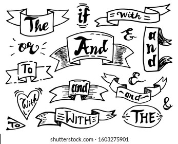 vector set of Doodle Handwritten catchwords and ampersands with ribbon. Modern handwritten calligraphy and lettering. isolated on white background