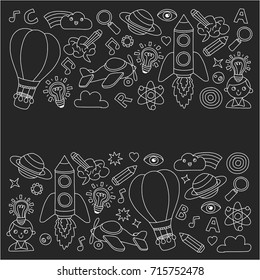 Vector set of doodle icons Blackboard chalk background - creativity and inspiration, idea and imagination, innovation and discovery, think outside the box