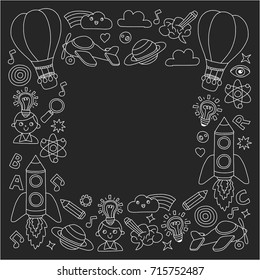 Vector set of doodle icons Blackboard chalk background - creativity and inspiration, idea and imagination, innovation and discovery, think outside the box