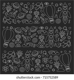 Vector set of doodle icons Blackboard chalk background - creativity and inspiration, idea and imagination, innovation and discovery, think outside the box
