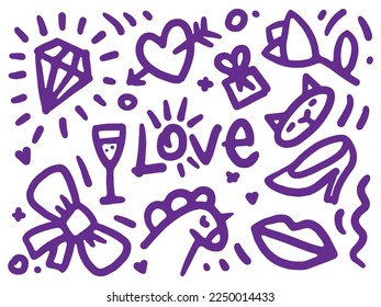 Vector set of doodle icons for celebration of holiday of all lovers. Valentine's Day. Handdrawn beautiful primitive kids simple minimalist sticker sketches. Unicorn, heart, glass of wine, tulip, bow