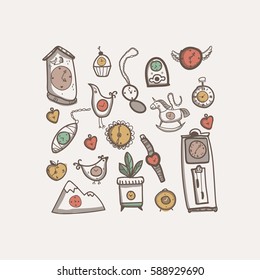 Vector set of doodle icons. Clocks, watches and toys