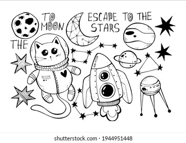 vector set of doodle icons cosmonautics day. hand drawing. illustrations for printing on postcards, stickers, souvenirs