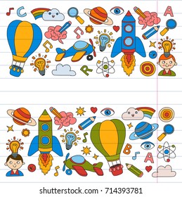 Vector set of doodle icons on following themes - creativity and inspiration, idea and imagination, innovation and discovery, think outside the box