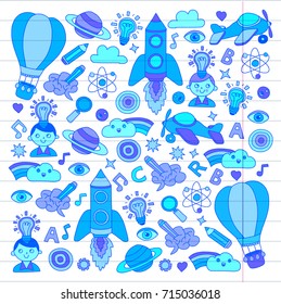 Vector set of doodle icons on following themes - creativity and inspiration, idea and imagination, innovation and discovery, think outside the box
