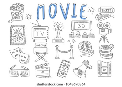 Vector set of doodle icons related to cinema. Movie production objects. Videocassette, director s chair, retro television, sad and happy mask, 3D glasses, popcorn