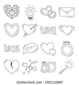 Conjunto vectorial de iconos de doodle para el día de las tarjetas de San Valentín. Corazones aislados de diferentes formas y tamaños, flecha de amor, enamorarse, anillo de boda y corazón roto. Etiquetas para la decoración.