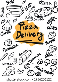 Vector set doodle illustrations icons food delivery black line minimalistic simple for website graphic design