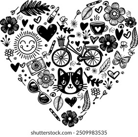 Vector set of Doodle illustrations in the shape of a heart. Lots of cute drawings with a black pen, decorated with a heart. Suitable for printing on clothes, textiles, stationery, prints