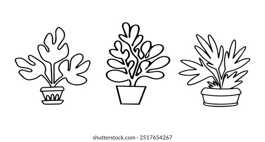 Vector set doodle of an indoor plants. Decorative garden flowers for office and home decor, Isolated outline illustrations on white background